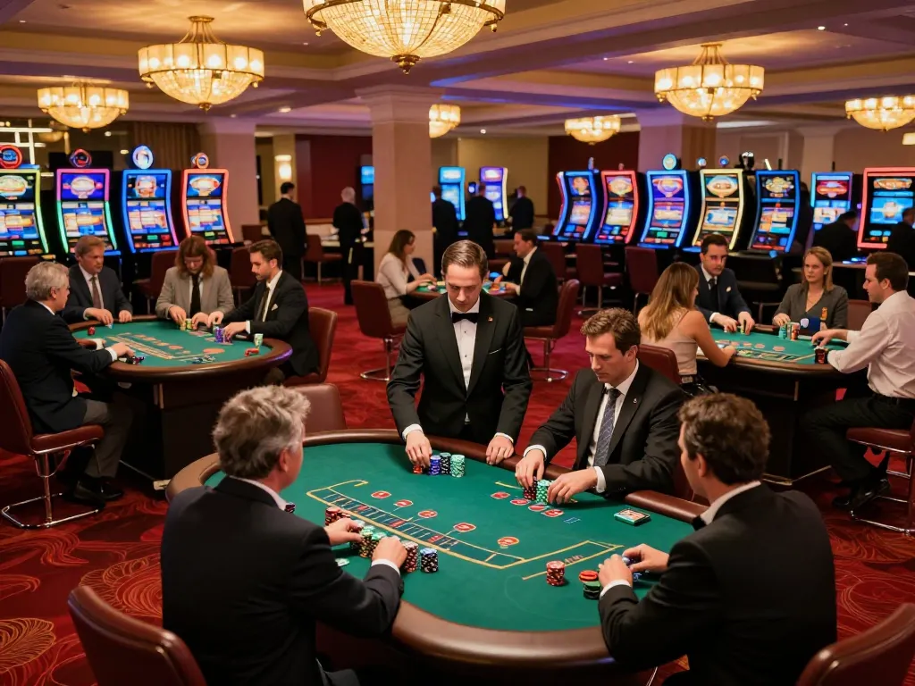 Sunwin players engrossed in an exciting blackjack game at a vibrant casino floor with dealer interaction