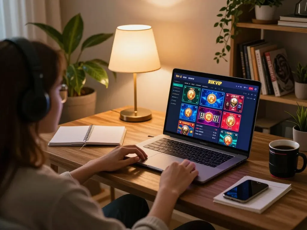 Engaging in immersive RIKVIP online gaming experience with a laptop setup at home.