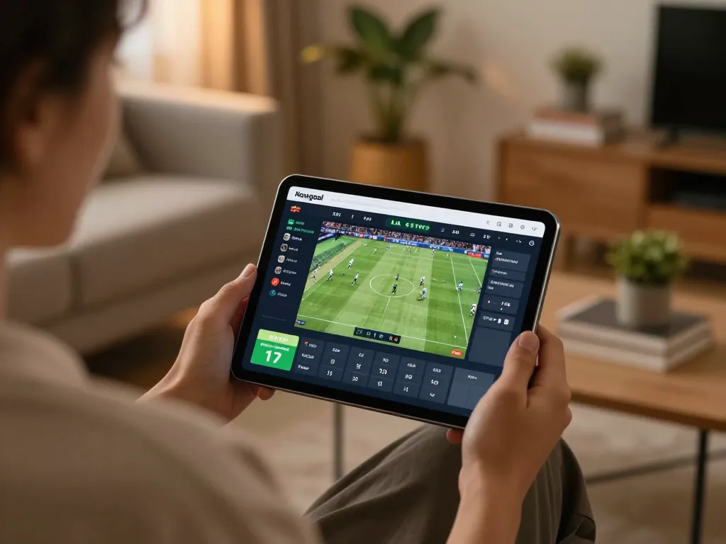 Engaging in online sports betting on Nowgoal from a cozy living room space.