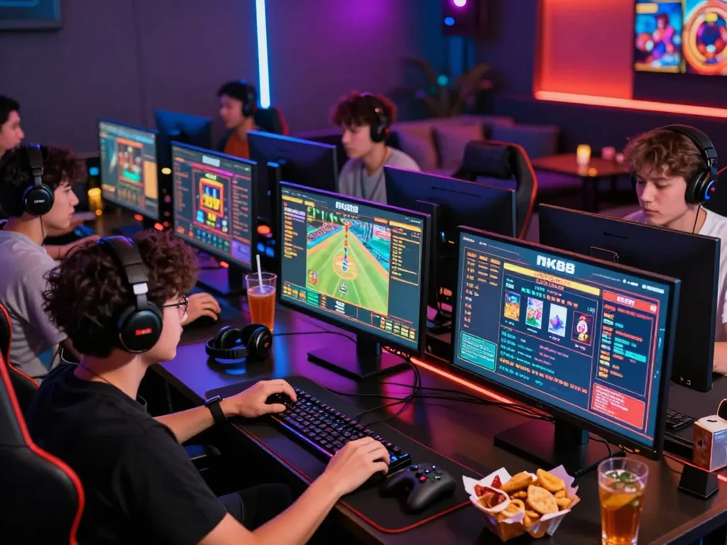 Exciting scene of players immersed in the game nk88, showcasing vibrant gaming accessories, modern setup, and dynamic atmosphere.
