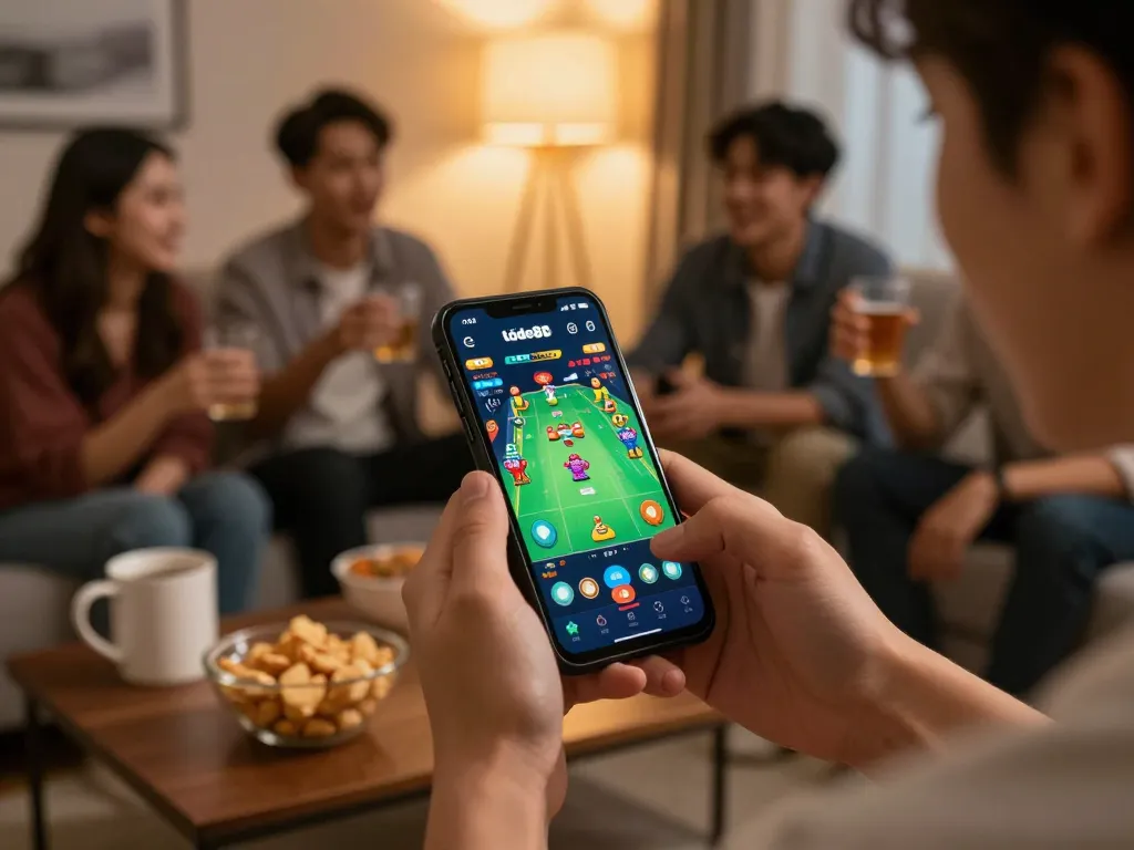 Engaging moment of mobile gameplay with tải app lode88 displayed on smartphone in a cozy living room