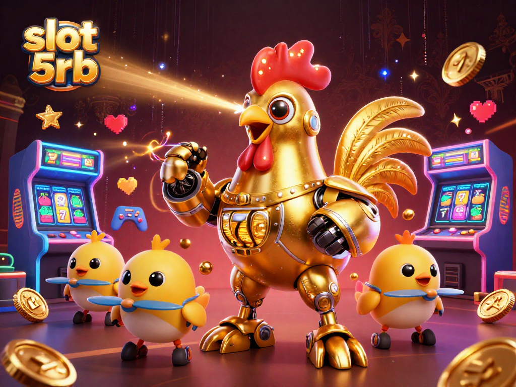 Experience thrilling gameplay with slot 5rb surrounded by vibrant arcade machines and golden slot reels.