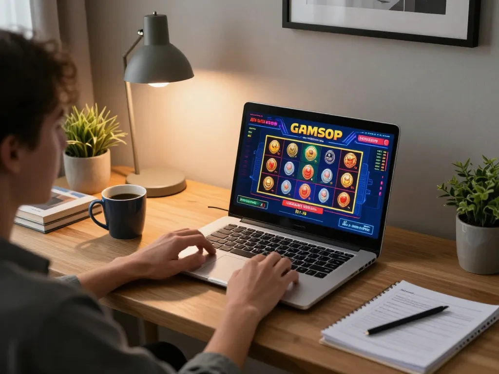 Engaging in online gambling at a non gamstop casino on laptop, comfy home atmosphere.