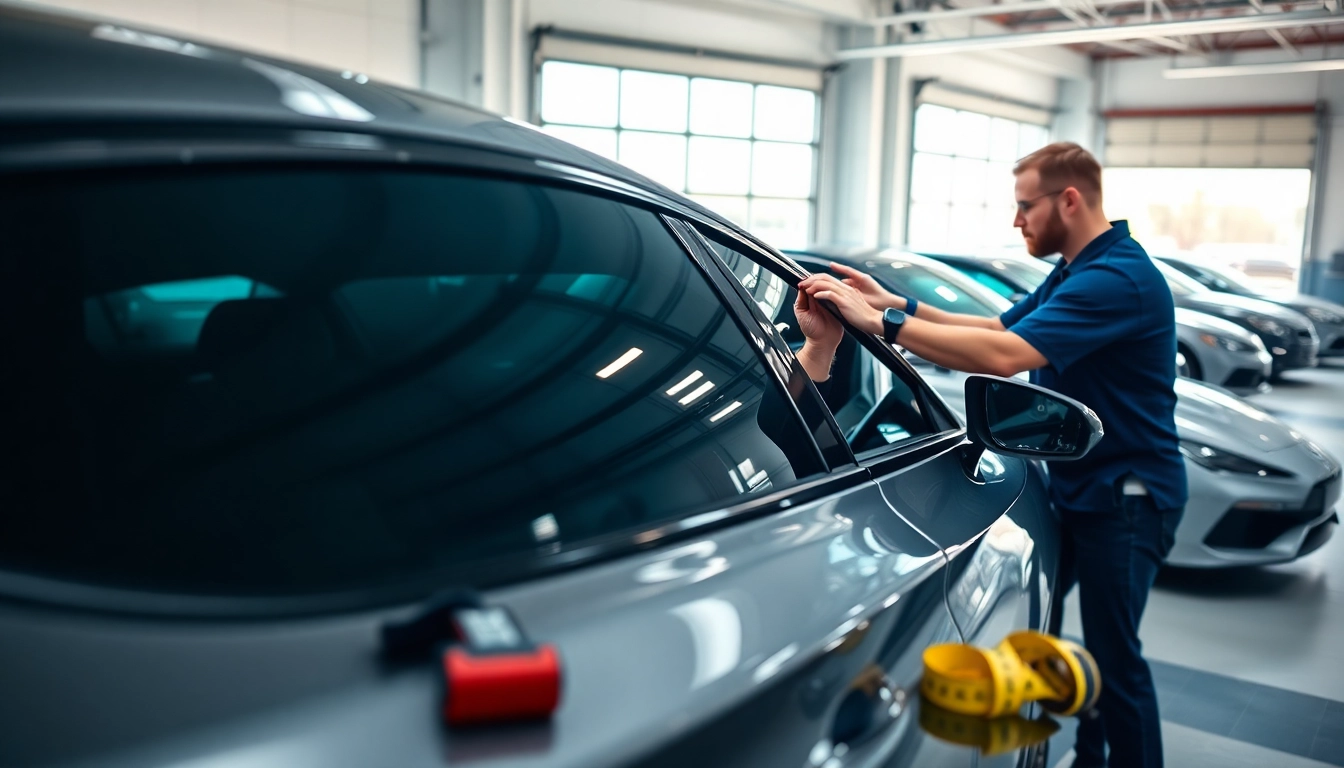 Enhance your experience with window tint near me, featuring a technician skillfully applying film to a car.