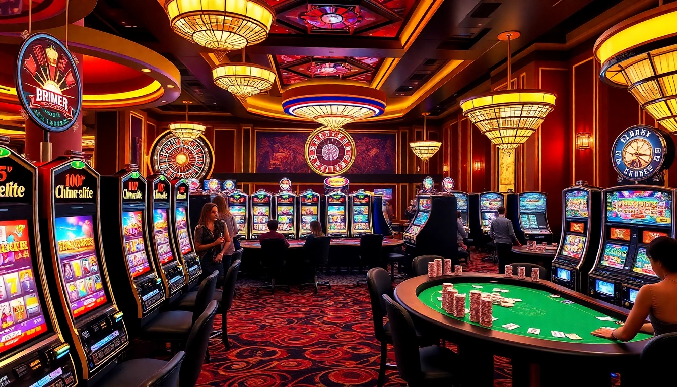 Players engaging with vibrant slot machines in a luxurious casino environment for an exciting gaming experience.