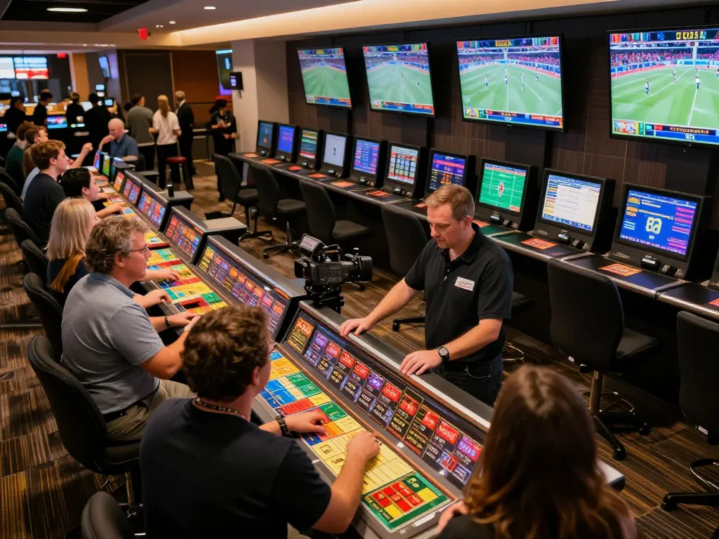 Patrons engaging at AU88 sports betting setup, placing bets while enjoying a lively atmosphere