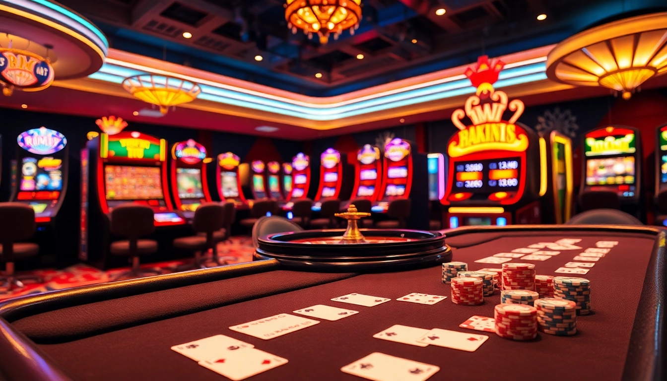 Rikvip players enjoying a dynamic casino scene with poker tables, slots, and roulette wheels.