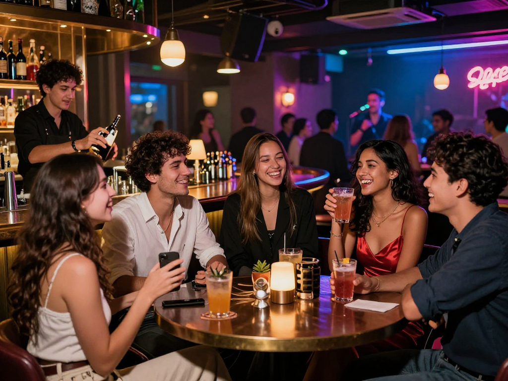 Khung cảnh gái gọi trong quán bar sôi động với ánh đèn neon và nhóm bạn trẻ vui vẻ.