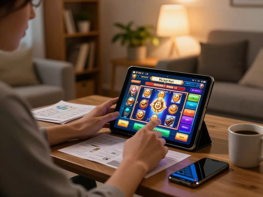 Pengguna yang terlibat memainkan PG Soft Demo Gratis di tablet dalam suasana rumah yang nyaman.