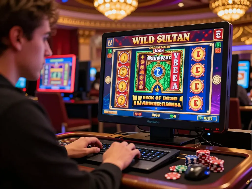 Player enjoying the excitement of sultan casino with colorful slots on laptop, vibrant casino atmosphere.