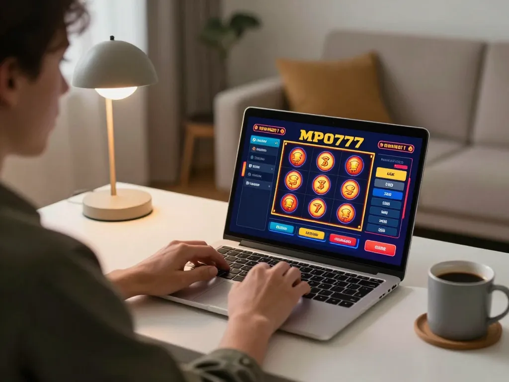 Pengaturan permainan kasino online MPO777 dengan berbagai permainan slot berwarna-warni ditampilkan di layar laptop, menampilkan lingkungan rumah yang hangat dan mengundang.