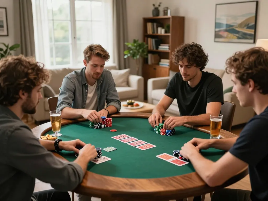 Exciting poker game scene showcasing Canada online casinos strategy among friends with colorful chips and cards.