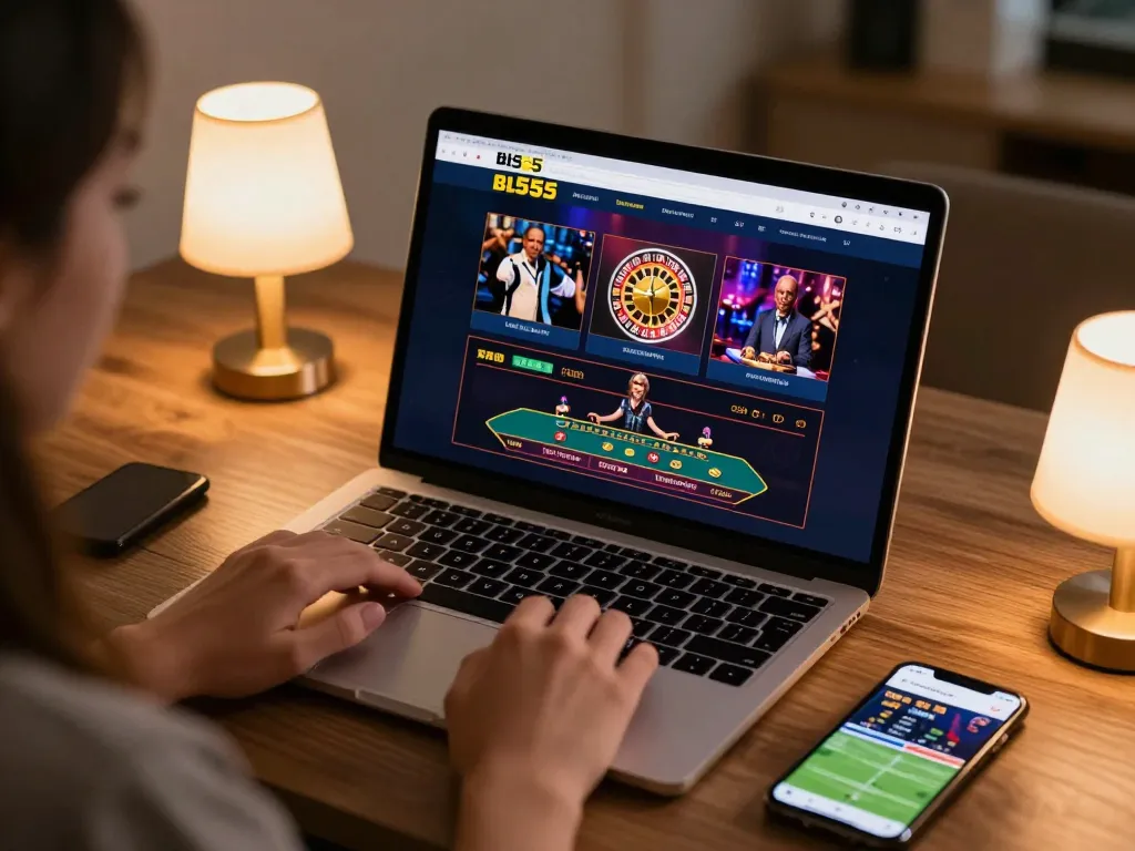 Engaging in live dealer games with Bl555 on a laptop in a cozy home setup.