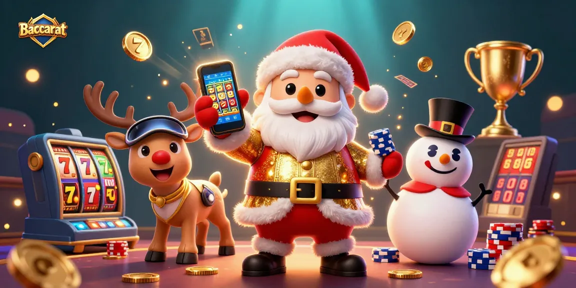 Baccarat illustration featuring Santa Claus with jackpot slots, festive elements, and casino ambiance, perfect for gaming enthusiasts.