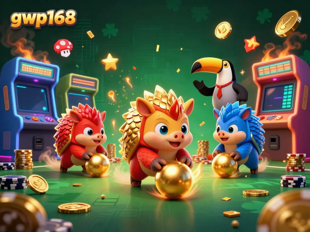 GWP168 menampilkan pangolin beradu skill dalam rolling bola emas di atas tumpukan chip