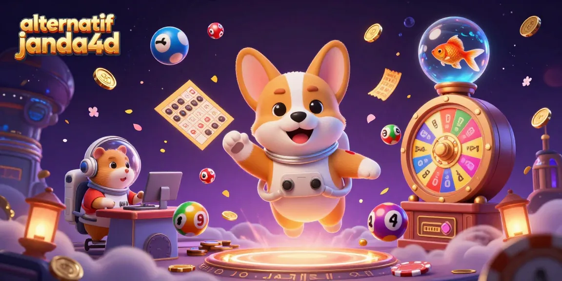 Ilustrasi 3D "alternatif janda4d" menampilkan corgi astronot dan hamster sebagai kontrol misi di kasino luar angkasa.