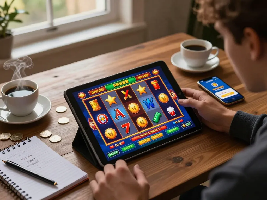 Engaging in online gaming with NK88 đăng nhập on a tablet, showcasing slot game interface and strategy notes.