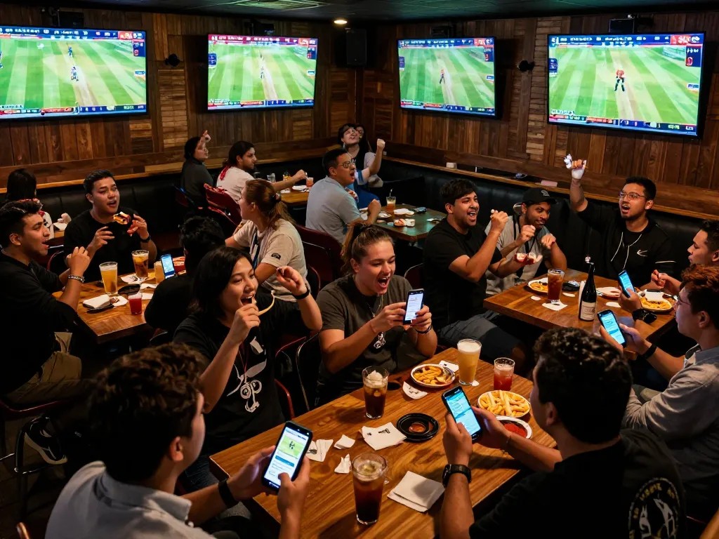 Jeetbuzz users engaging in thrilling sports betting at a lively venue with multiple screens