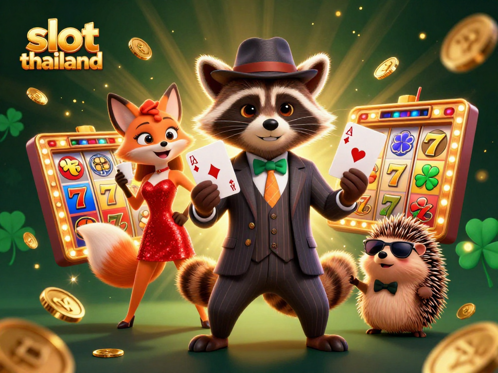 Experience thrilling wins with slot thailand while enjoying an animated scene of a raccoon holding a royal flush.
