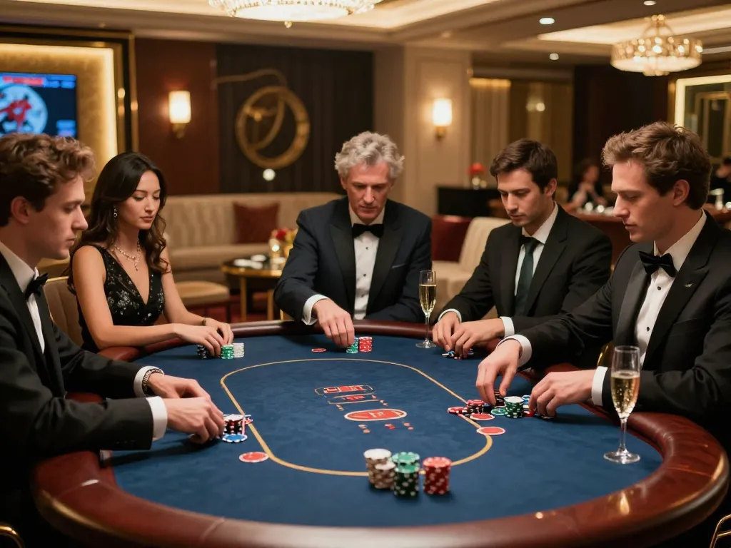 Players strategizing bets in a VIP poker area at https://kkwin68.info/, exuding luxury and sophistication.
