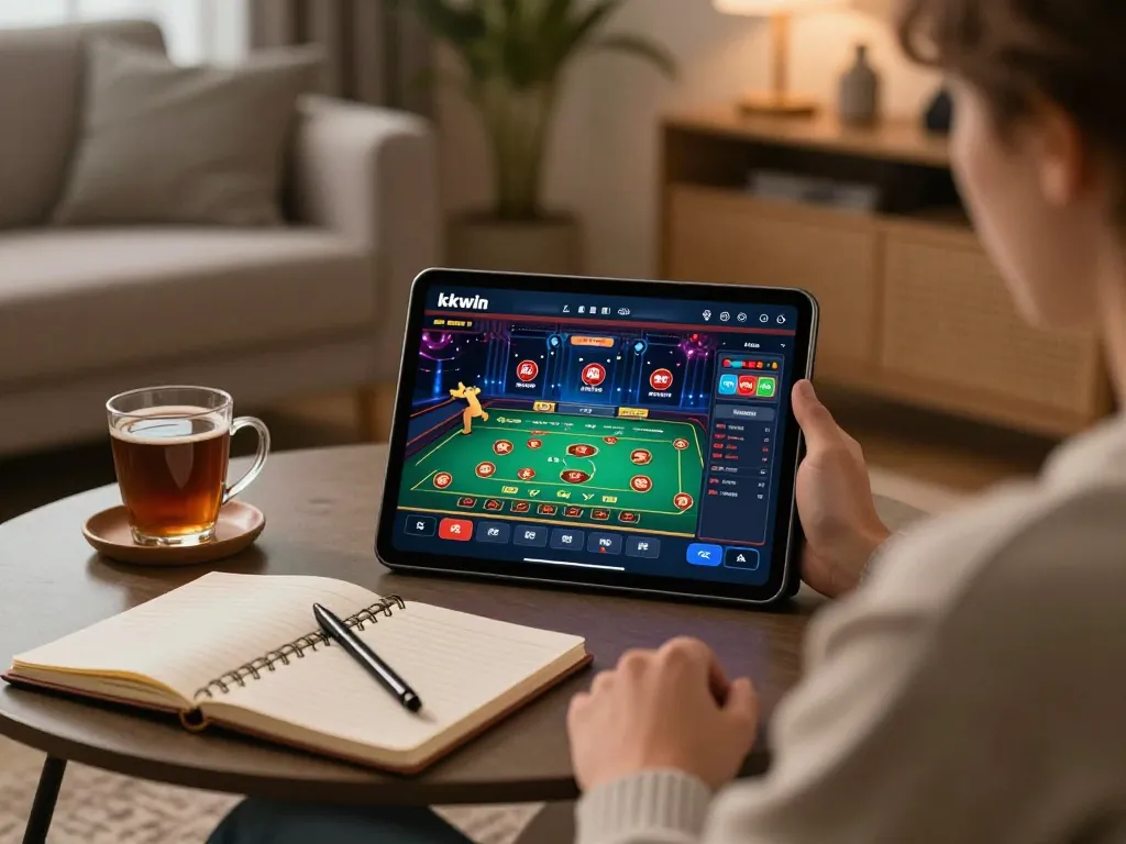 Engaging in online casino gameplay with kkwin interface on tablet in comfortable living room