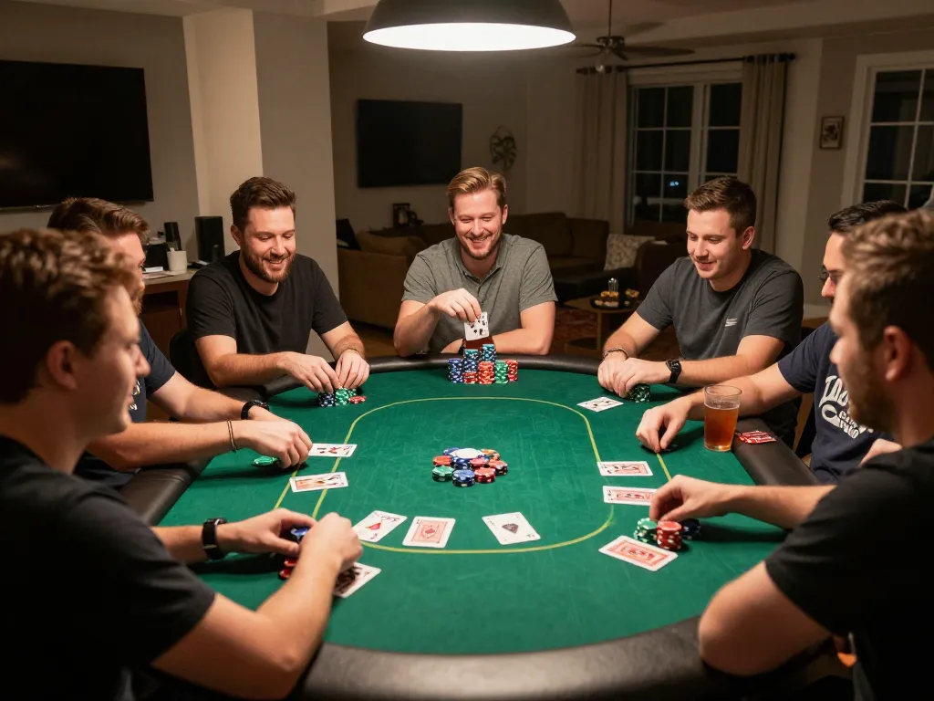 Players enjoying an intense poker game at home, showcasing SC88’s engaging social gambling atmosphere.
