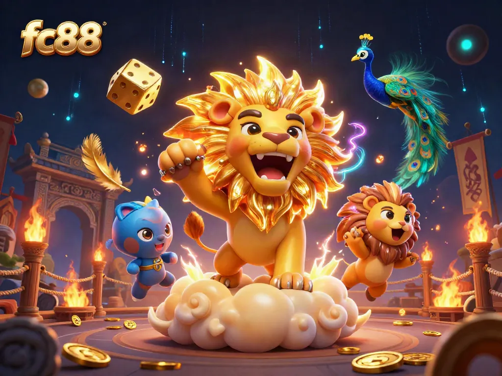 Engage in the dynamic excitement of fc88 with a majestic lion, golden dice, and peacock amidst vibrant casino themes.