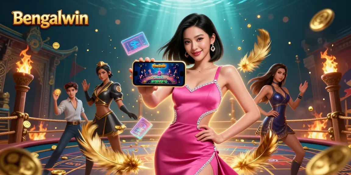 Bengalwin reveals a stunning casino scene with a confident Asian woman using her smartphone to engage in live dealer gaming.