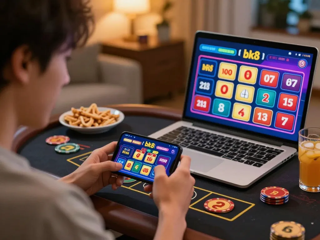 Engaged player using bk8 app for live betting at home with dynamic smartphone setup