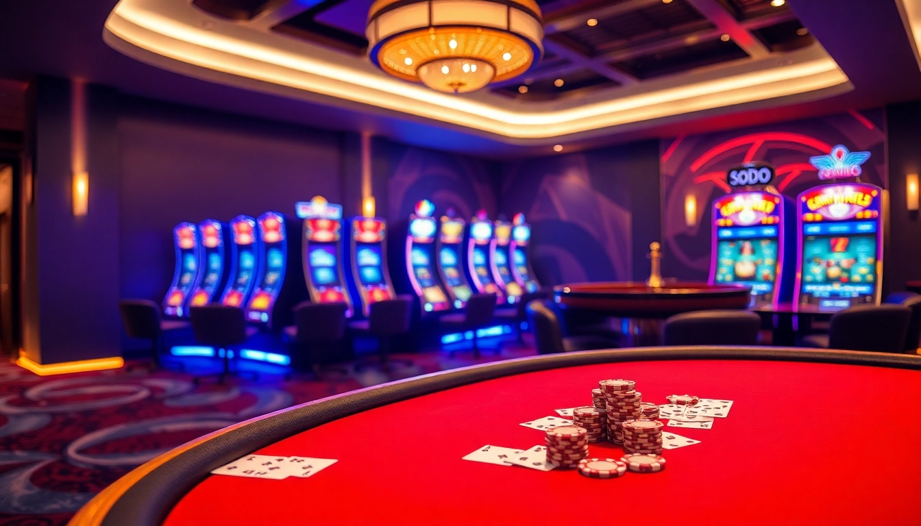 SODO casino scene with poker table, vibrant slot machines, and roulette wheel showcasing excitement.