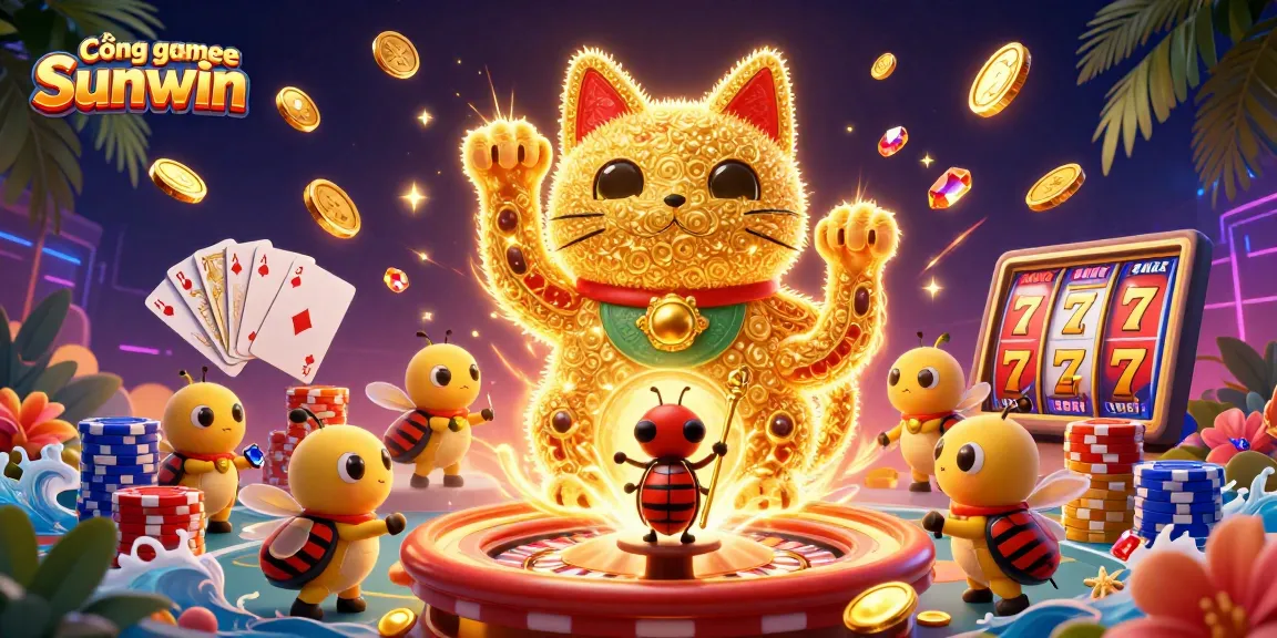Cổng game Sunwin showcases vibrant 3D characters and casino games, celebrating engaging gameplay with dazzling visuals