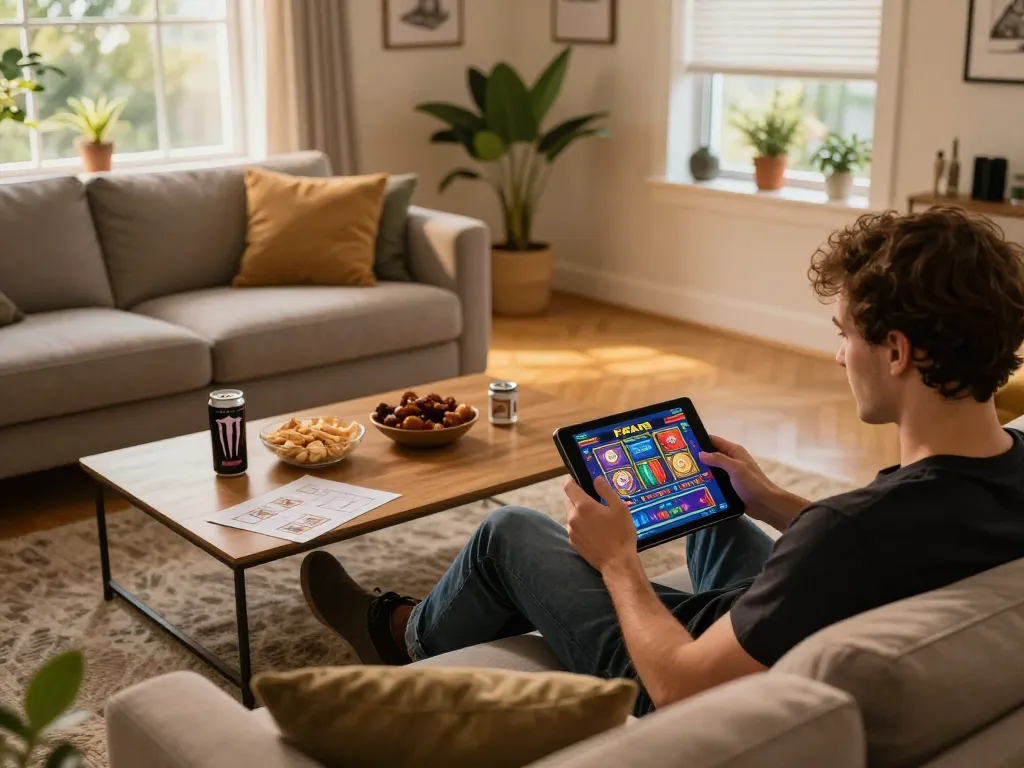 Engaging in FAFA 828's online gaming options from home with tablet and strategy notes.
