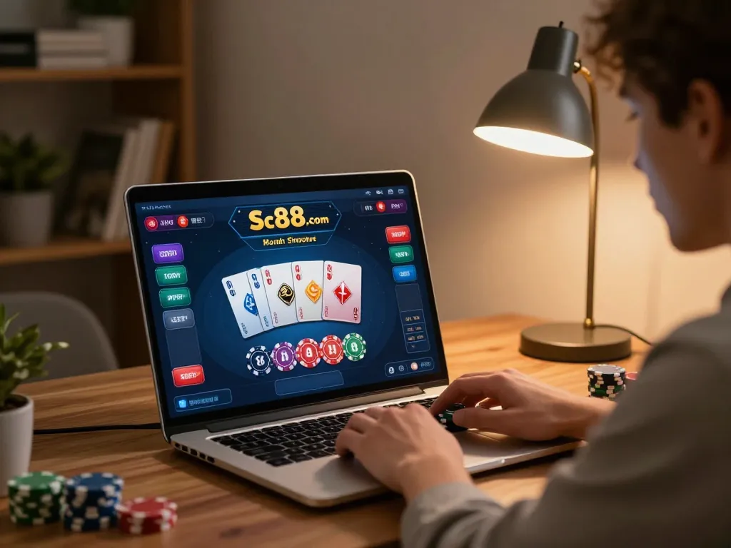 Playing a thrilling poker game at sc88.com on a sleek laptop, creating a focused home environment.