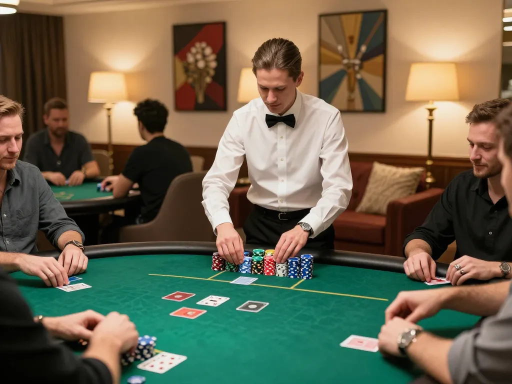 Engaging poker night scene at SC88.Casino with players, chips, and dealer in a lavish lounge.