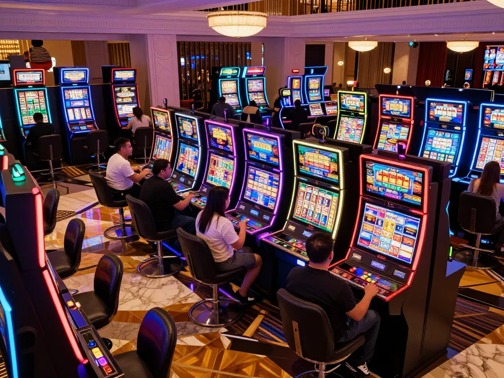 Players enjoying the excitement of slot machines at TO288 casino with vibrant displays and engaging atmosphere.