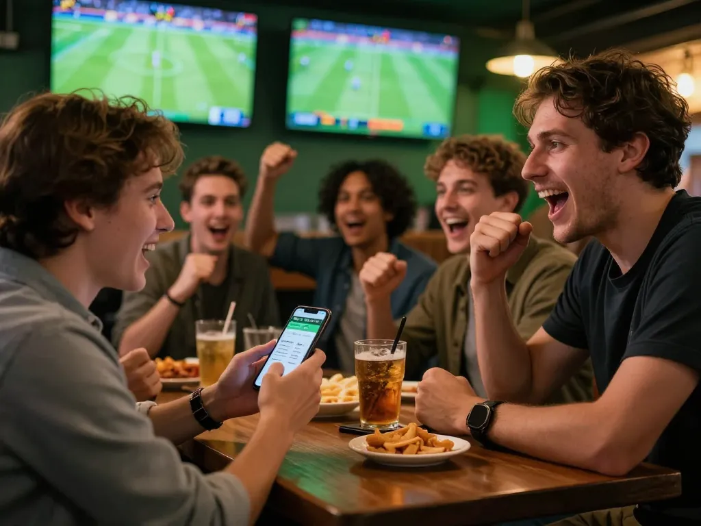 Soi kèo nhà cái hôm nay with an enthusiastic sports bettor using smartphone to place wagers in a vibrant bar
