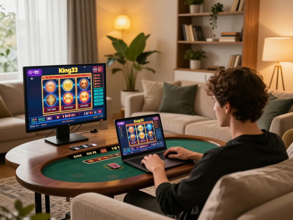 Engaged player enjoying king33 online casino games on a laptop in a stylish home environment