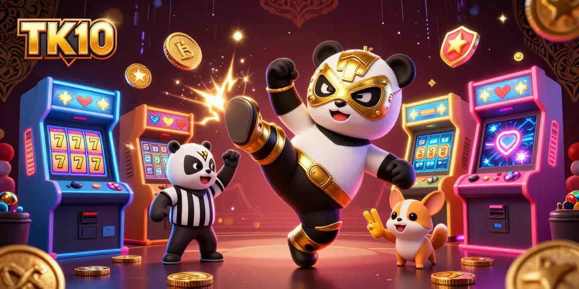 Engage with TK10's vibrant casino adventure featuring a wrestling panda and a referee, amid dynamic slot reels.