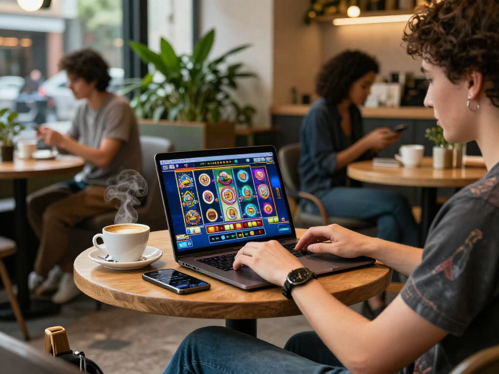 Person playing a colorful slot game on a laptop in a stylish café.