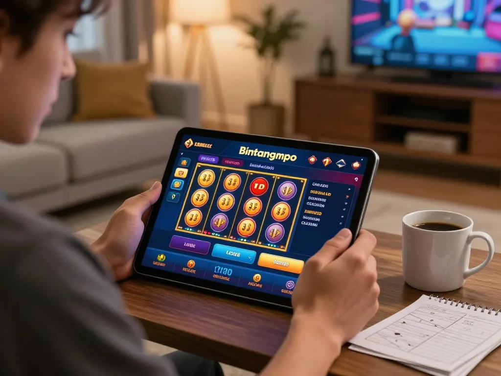 momen menarik seorang pemain menggunakan aplikasi kasino Bintangmpo di tablet, menyoroti permainan yang bertanggung jawab.