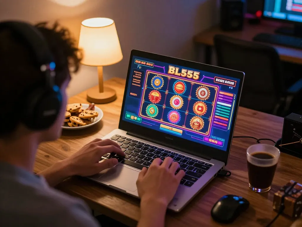 Player engaging in BL555 online casino gaming on a laptop with vibrant graphics and cozy atmosphere.
