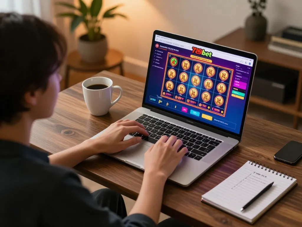 Engaging with 789bet online casino during a cozy gaming session at home with a laptop and coffee