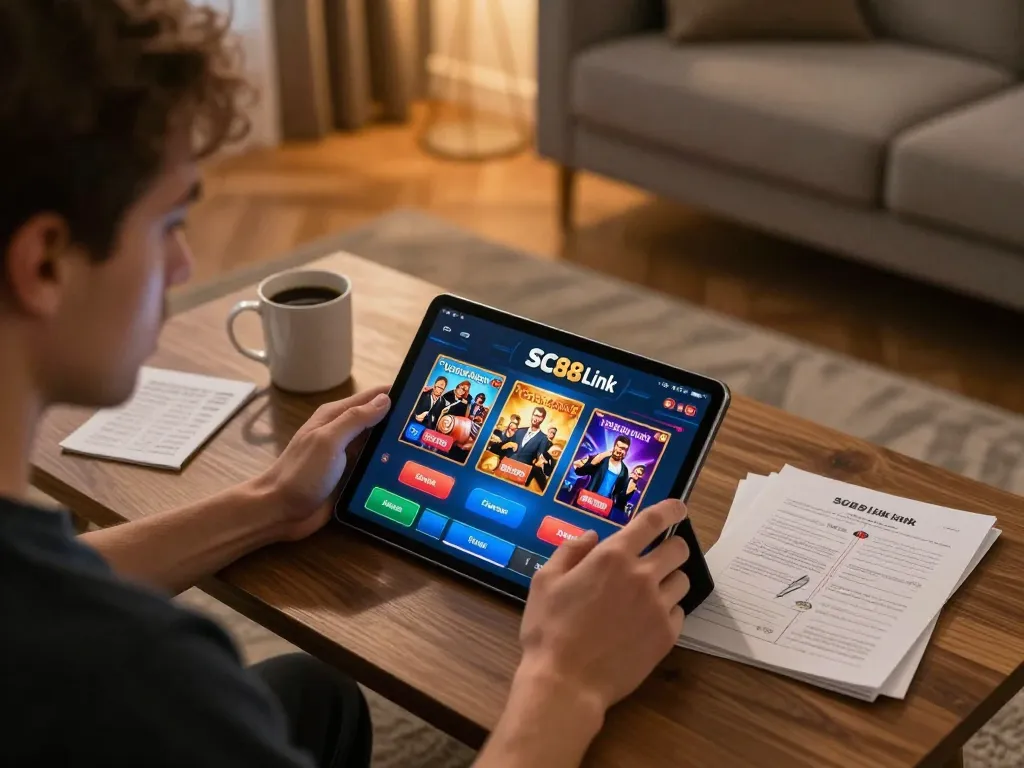 Engaged player using SC88 Link on a tablet for an exciting online gambling experience in a cozy home.