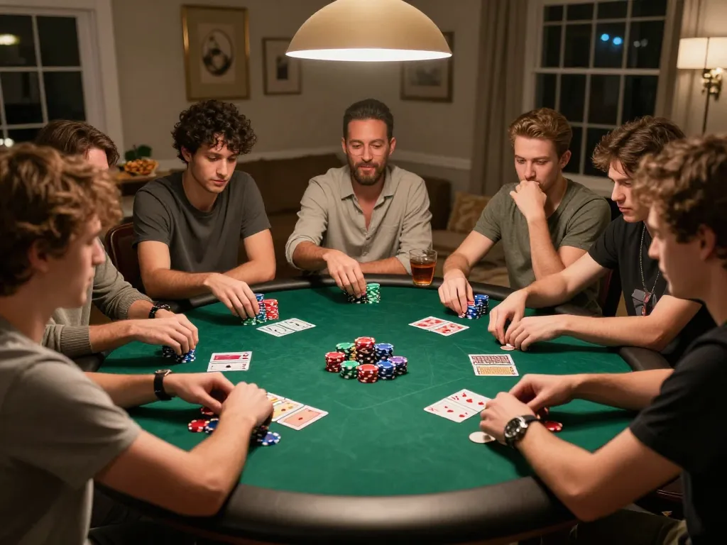 Players strategizing at a friendly home poker game with 789club chips and cards visible.