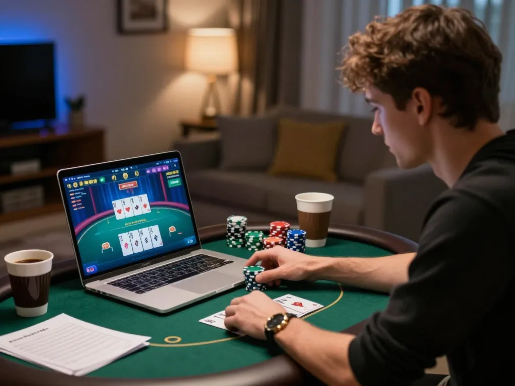 Engaged player strategizing in online poker session on 888VI COM, showcasing vibrant game interface and cozy atmosphere.