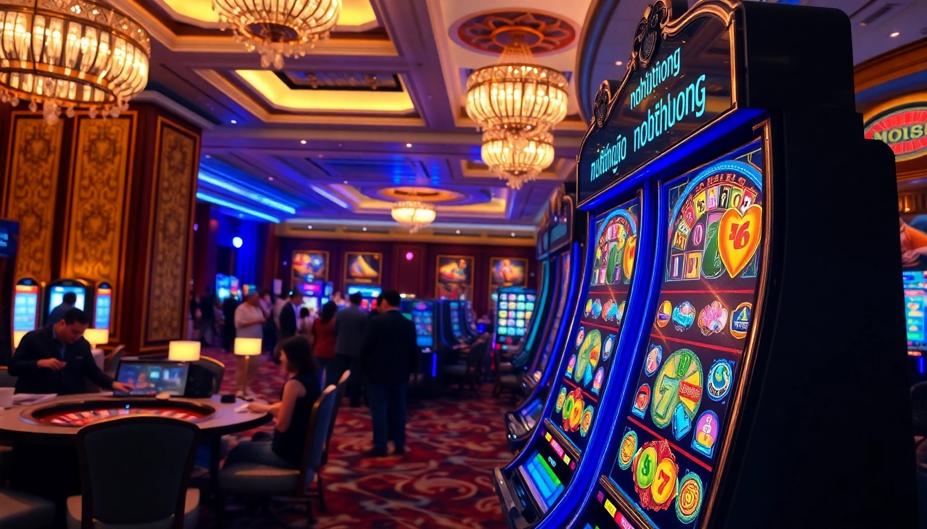 Nohudoithuong branded slot machine attracting enthusiastic players in a lavish casino atmosphere.