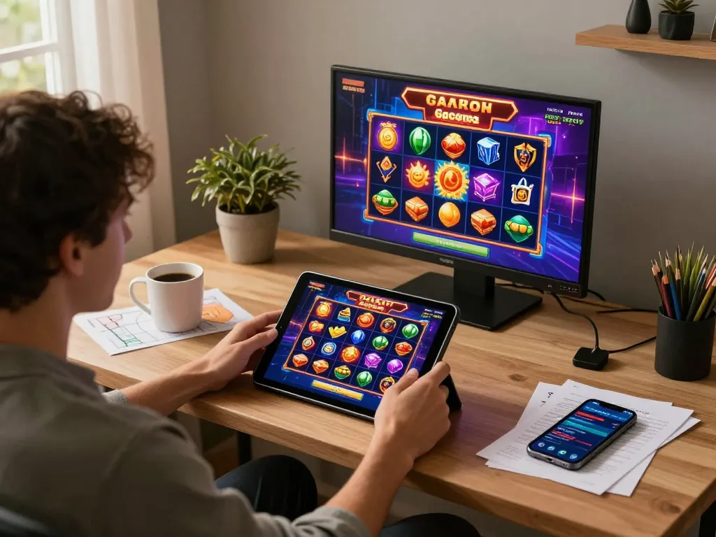 Engaging gameplay on slot gacor games displayed on a tablet at a cozy home workspace.