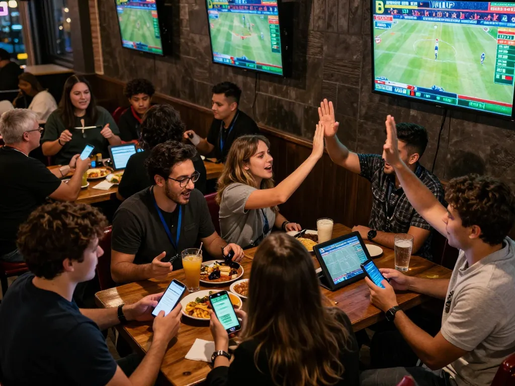 Engaging scene of kkeonhacai sports betting at a lively sports bar, patrons celebrating and using mobile devices.