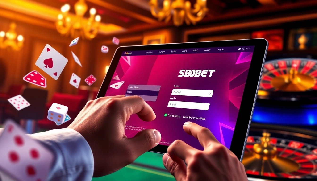 SBOBET login interface showcasing online betting excitement with professional casino elements.