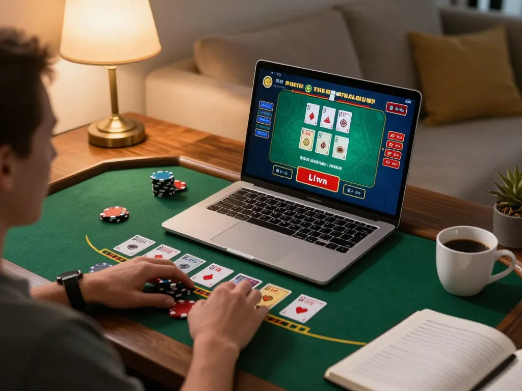 Kuwin player engaging in live dealer blackjack at home, showcasing responsible gaming